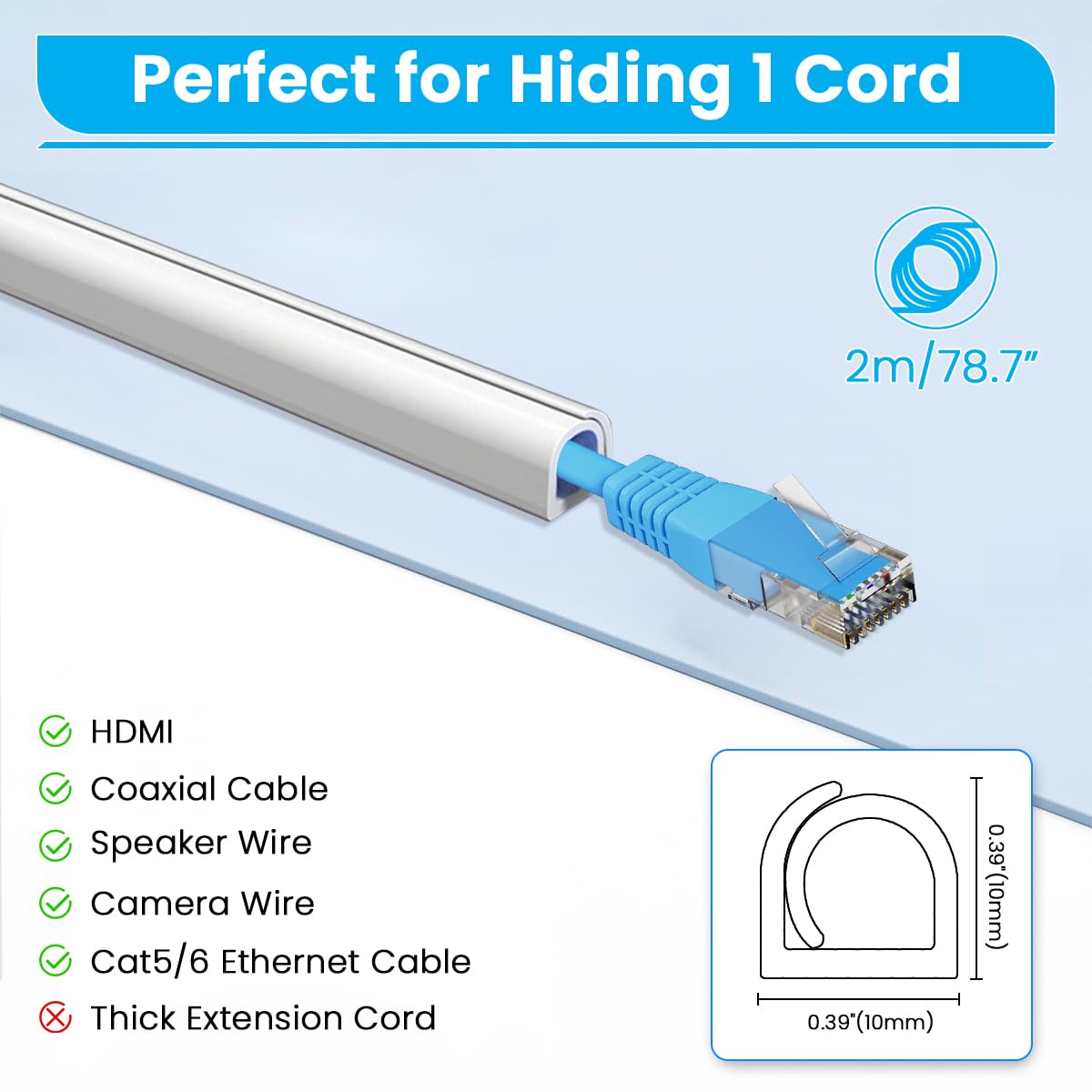 Serplex Ethernet Cable Hider for Single Cord Management featuring Self Adhesive Backing 6.6ft PVC Cover | White