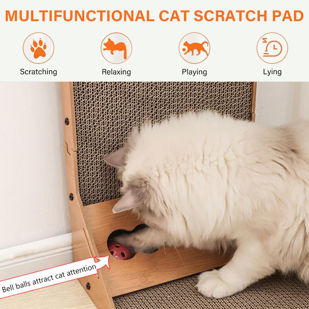Qpets Cat Scratcher for Furniture Protection featuring 26.8 in L Shape Board with Toy Ball | Cardboard Claw Care Toy