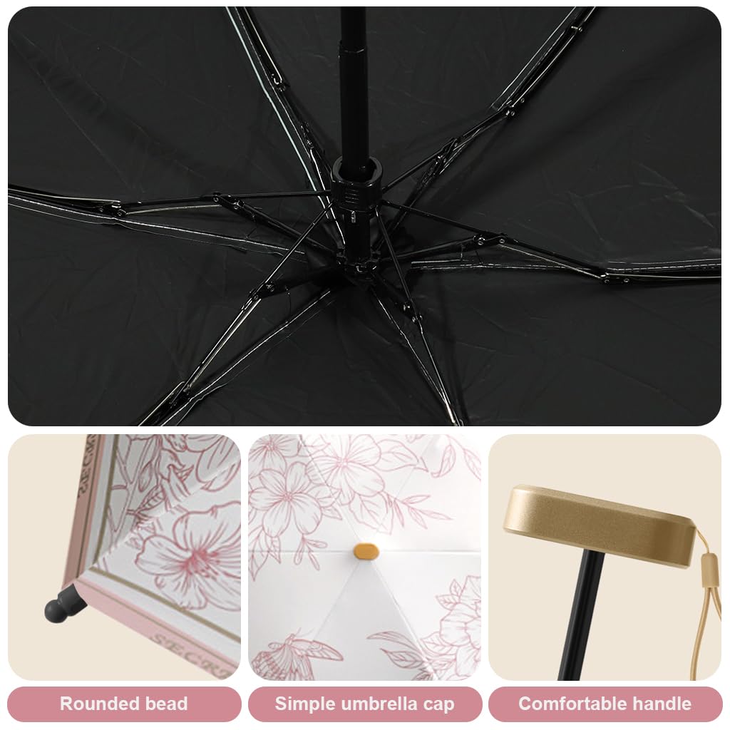 PALAY® Women Sun Umbrella UPF 50+ Sun Protective Sun Umbrella with Black Liner 6 Strong Ribs Design Fashion Floral Folding Umbrella Travel Lightweight Umbrella with Handstrap