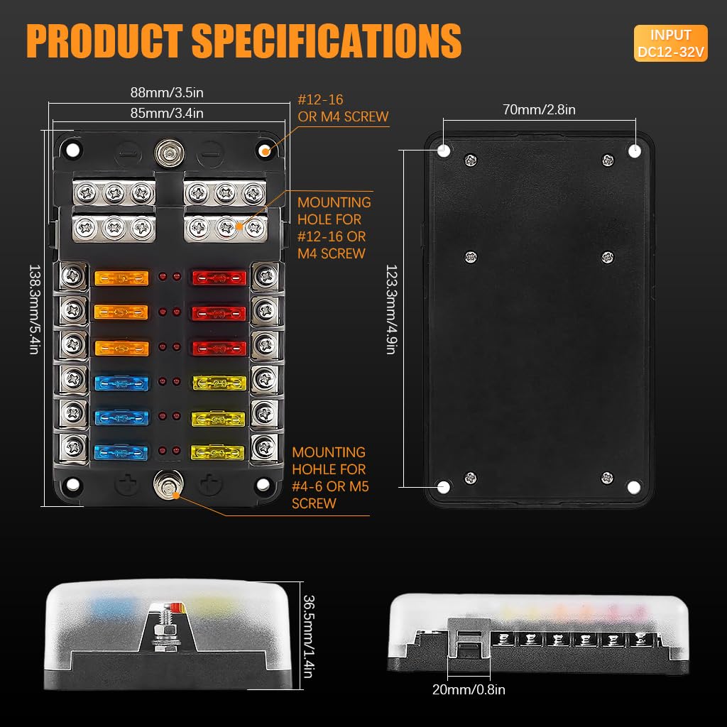 STHIRA HIRA 12V Car Fuse Box Kit for Auto Truck and Boat with 12 Way LED Indicator | Waterproof Compact Design