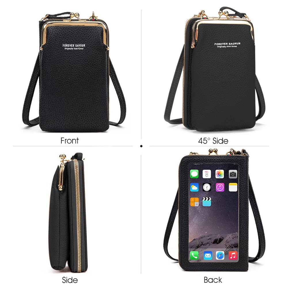 PALAY® Sling Bag for Women Phone Bags with Back Touch Screen Mobile Sling Bag Pursel Stylish PU Leather Crossbody Bags Mini Shoulder Bags (Black)