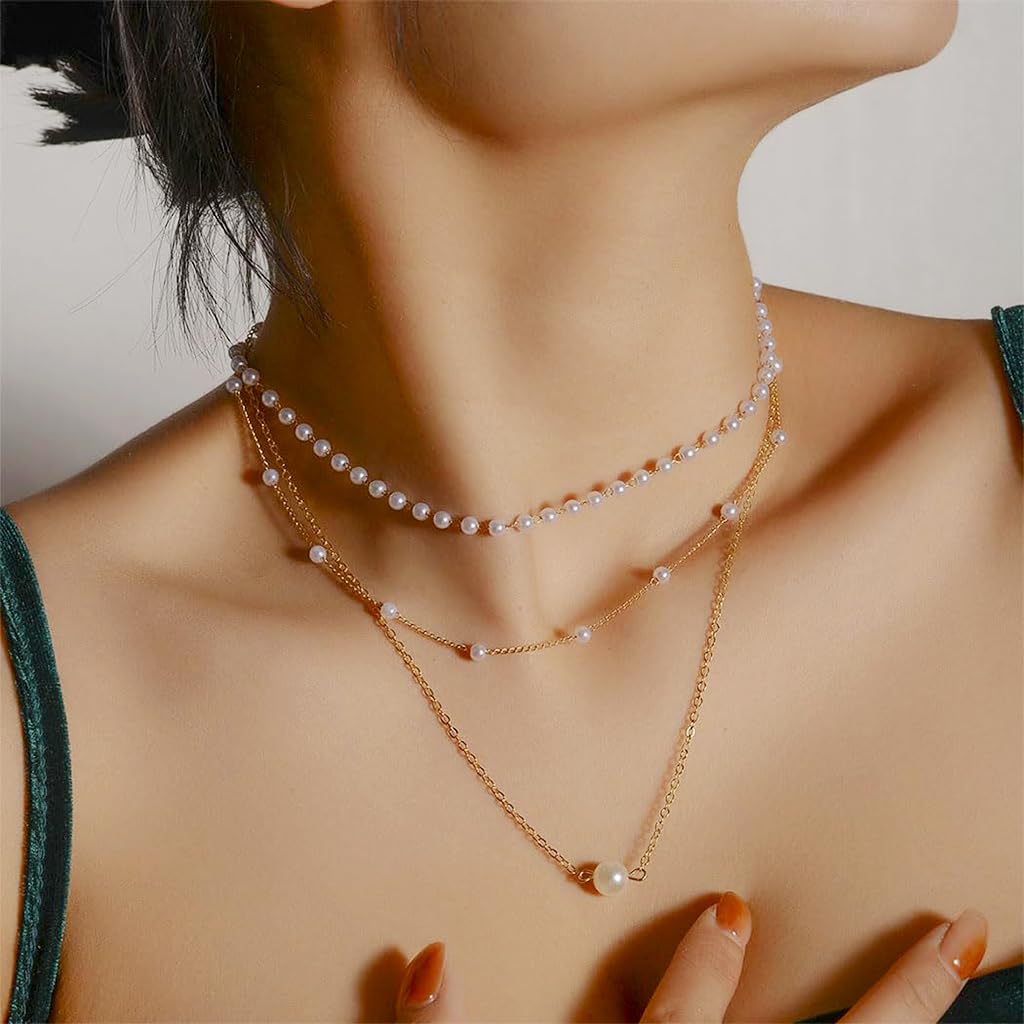SANNIDHI Pearl Necklace Set for Women featuring Triple Layer Gold Chains and Acrylic Pearls