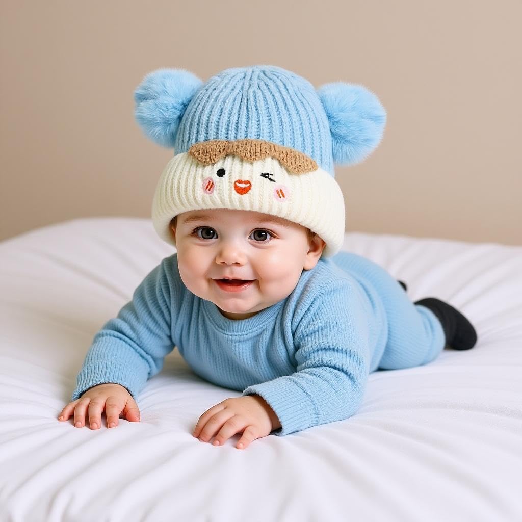 Zibuyu Warm Knitted Beanie Baby Cap with Earflaps for Toddlers & Kids featuring Cotton Lining and Pom Pom Design | Cozy Winter Hat Gift