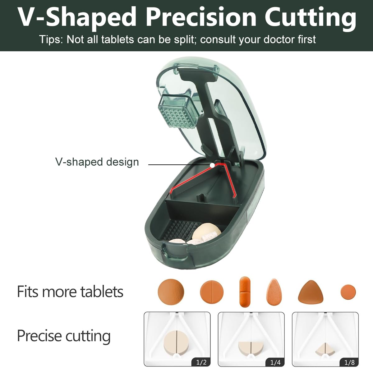 HANNEA Pill Cutter Splitter for Small Tablets with V Shaped Groove and Safety Blade Guard | Green Portable Pill Storage 0.08–0.8 in