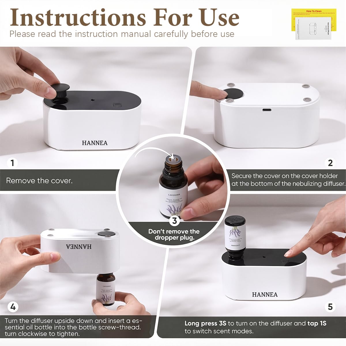 HANNEA Waterless Oil Diffuser for Home with 2000mAh Battery and Smart Timed Modes | USB Rechargeable Aromatherapy