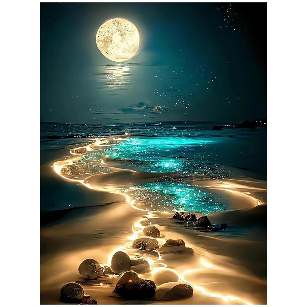 ZIBUYU® DIY 5D Diamond Painting Art Kit Dreamy Beach Moonlit Night Diamond Painting Beginner DIY 5D Diamond Painting for Home Decor, No Frame Wall Decor 5D Diamond Painting, 12 x 16 Inch