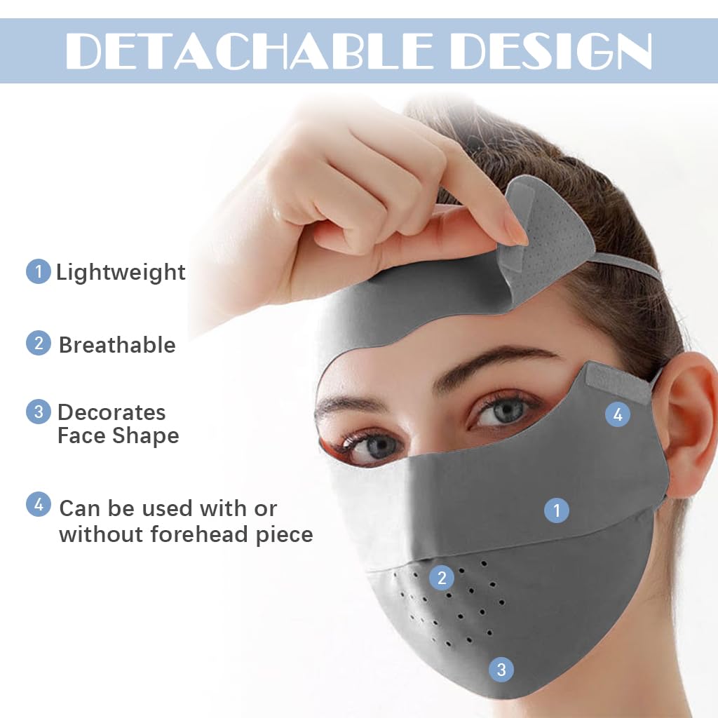 Venzina® Face Mask Sun Protection Mask, UPF 50+ Full Face Cover for Women, Ice Silk Sun Protection Face Mask, Fashion Breathable Cooling Biker UV Face Mask with Removable Forehead Piece (Grey)