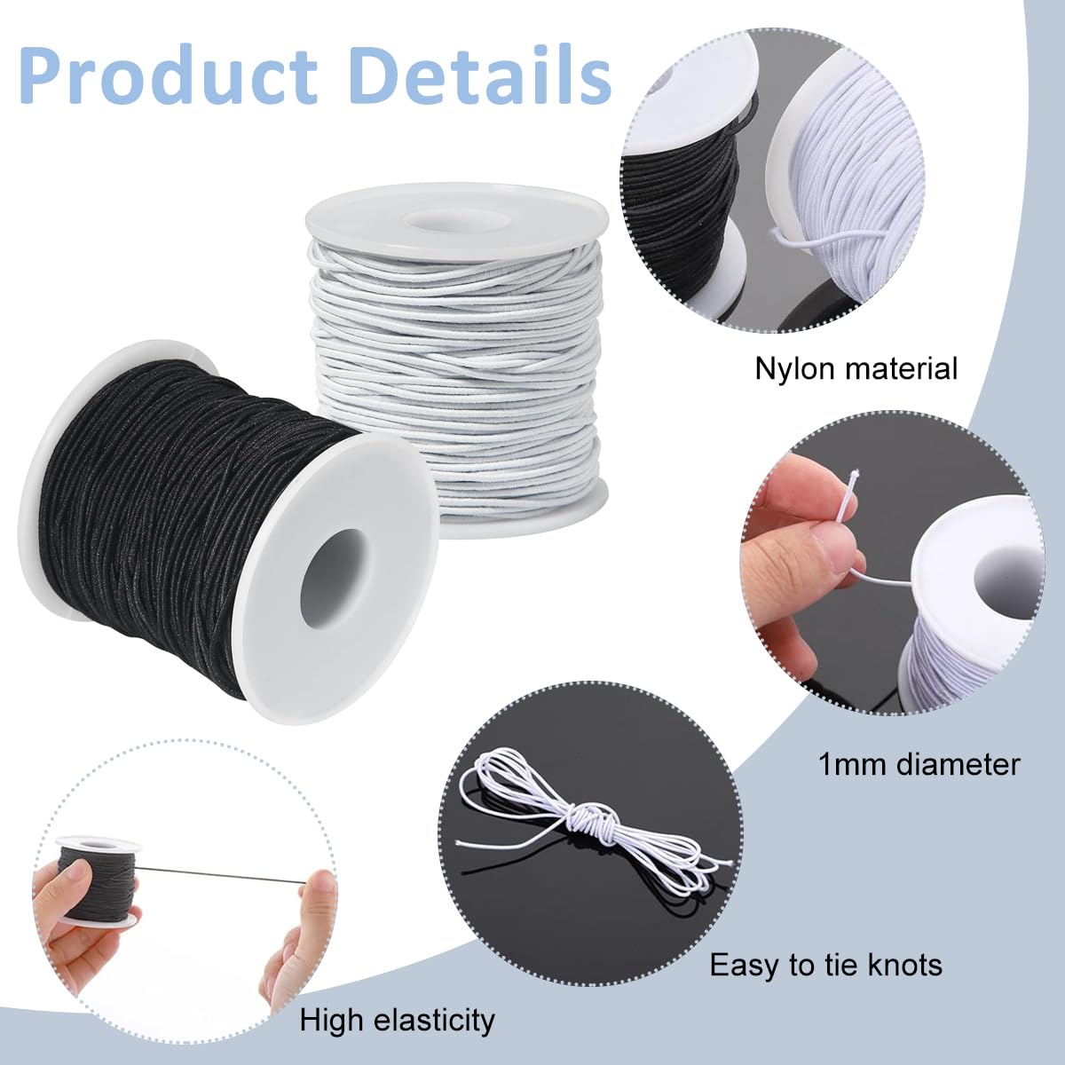 HASTHIP 40m/131ft Elastic String for Bracelets Making Black & White Breading String Cord 1mm Thickness Stretchy Elastic Cord for DIY Crafting, Jewelry Making, Necklaces, Beading, 2 Roll