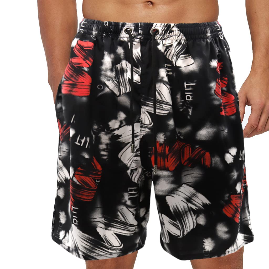 Proberos® Swimming Trunk for Men with Pockets, Black Print Quick Dry Beach Trunk, Multi Functional Sport Shorts for Swimming Running Outdoor Sports (65-90kg)