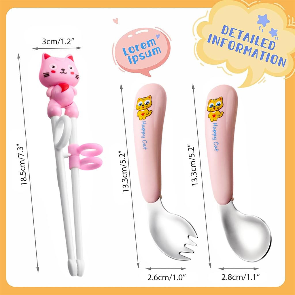 SNOWIE SOFT® Training Chopsticks for Kids, Stainless Steel Fork and Baby Feeding Spoons for 6 to 12 Months, Chopsticks for Beginners Weaning Spoons Toddler Flatware Sets Tableware Christmas Gifts Pink