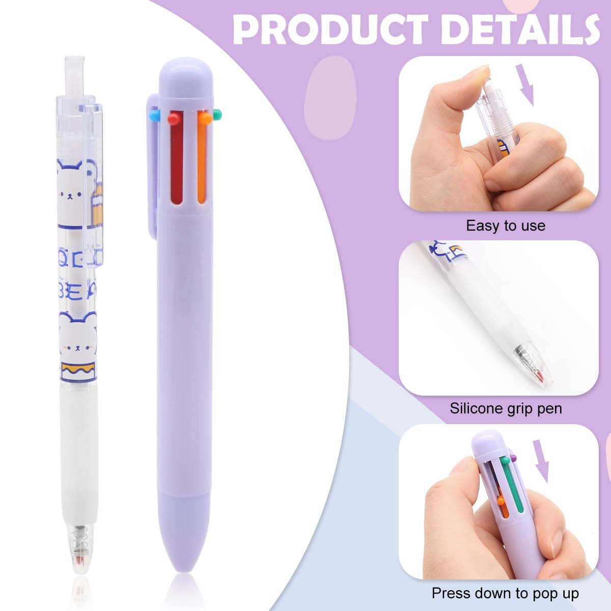 OFIFO Stationery Set for School and Kids with 6 In 1 Ballpoint Pen and Kawaii Purple Design
