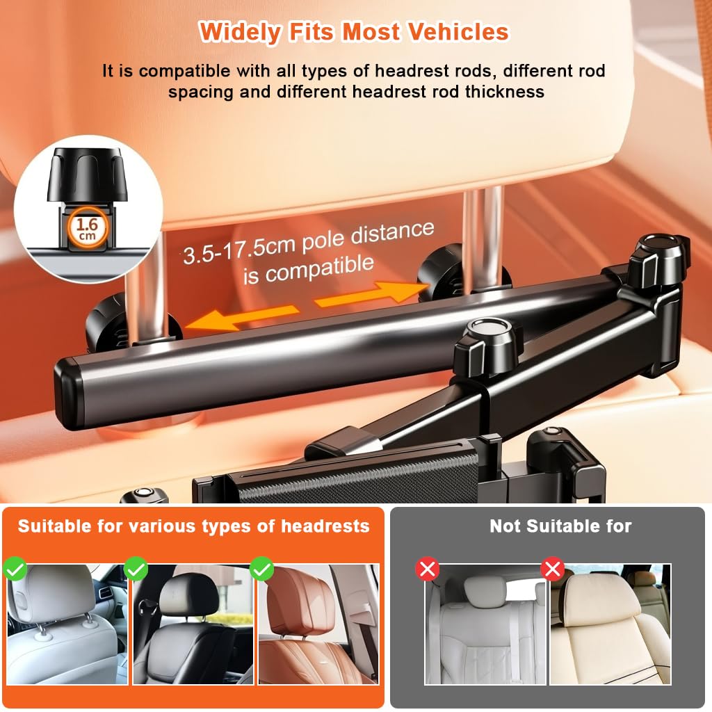 STHIRA Aluminum Alloy Car Tablet Holder for Headrest with 360° Swivel | Fits Devices Up to 13 in