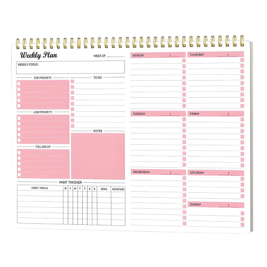 ZIBUYU Weekly Planner Notepad for Work and School with 8.5x11 in Pages featuring Twin Wire Binding and Pink Design