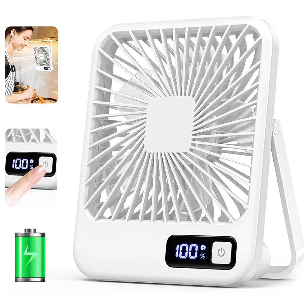 HASTHIP® Table Fan - 2000mAh Portable USB Fan with 5 Speeds, Mini USB Desk Fan with Power Display, Ultra Quiet Desktop Fan Suitable for Home Office Travel Desktop Outdoor (White)