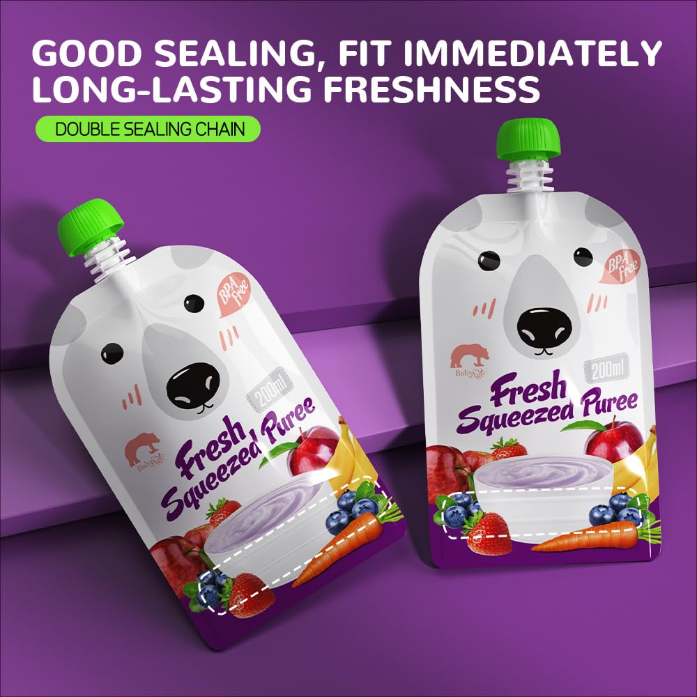 SNOWIE Soft Reusable Baby Food Pouch 30pcs 200ml with Double Sealing Strip | Leak Proof PE Design