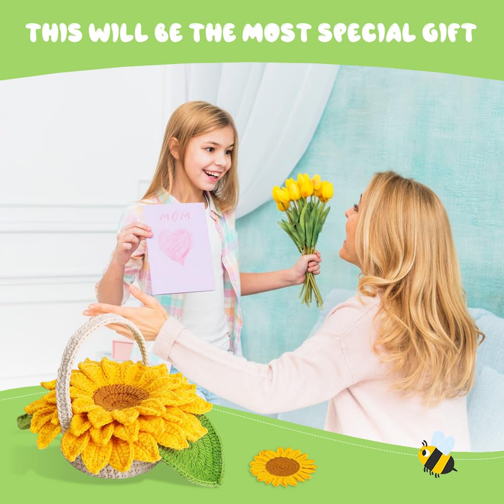 PATPAT DIY Crochet Sunflower Basket Kit for Home Décor with 5Pcs Coaster Set | Yellow Cotton