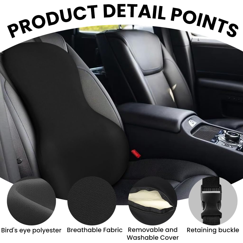 Zibuyu Universal Memory Foam Lumbar Support for Car Seats with Adjustable Double Straps | Ergonomic Back Cushion for Long Drives