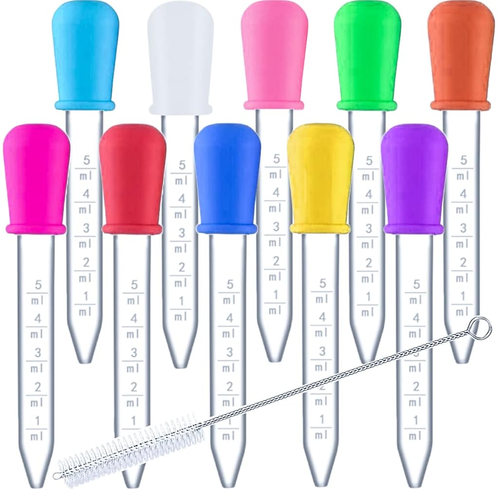 ZIBUYU® 10 Pack Liquid Pipettes Droppers Silicone 5ml Clear Medicine Eye Dropper for Kids with Bulb Tip & Clean Brush for Candy Mold, Gummy Bear, Gelatin Maker