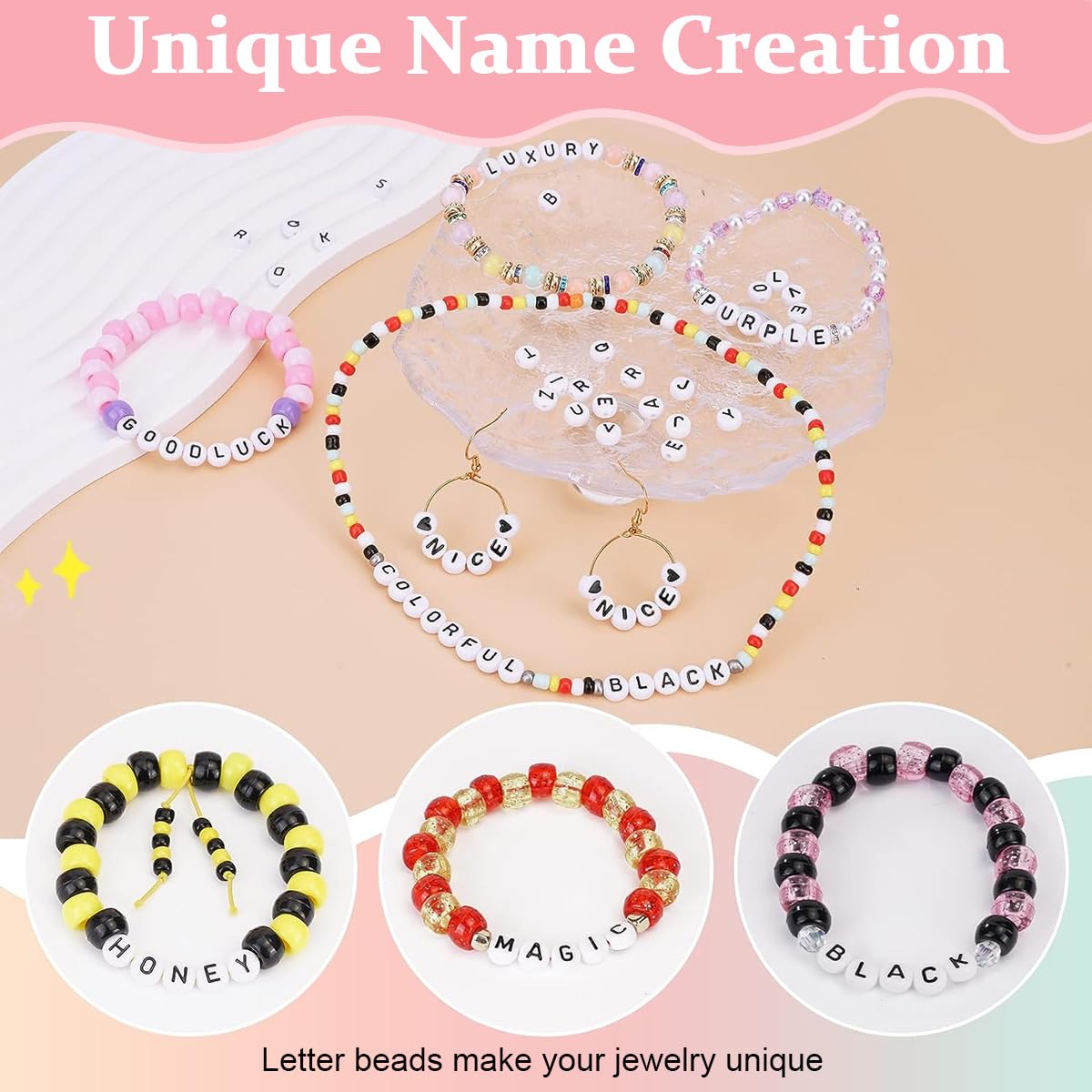 SANNIDHI Alphabet Beads for Bracelets and Necklace Jewelry Making Kit with 1400 Pcs | Colorful Acrylic Smiley Face and Heart Beads for DIY Crafts