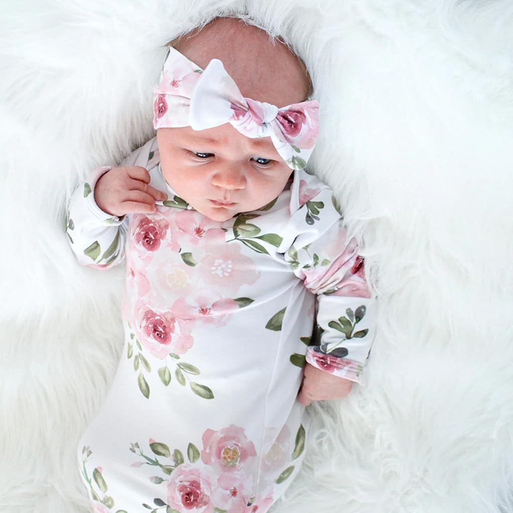 SNOWIE SOFT® Baby Girls Swaddle Knotted Infant Gown and Headband Set Cute Flower Print Infant Girls Swaddle Infant Girls Gown for 0-6 Months Soft Breathable Baby Girls Swaddle Shower Gift