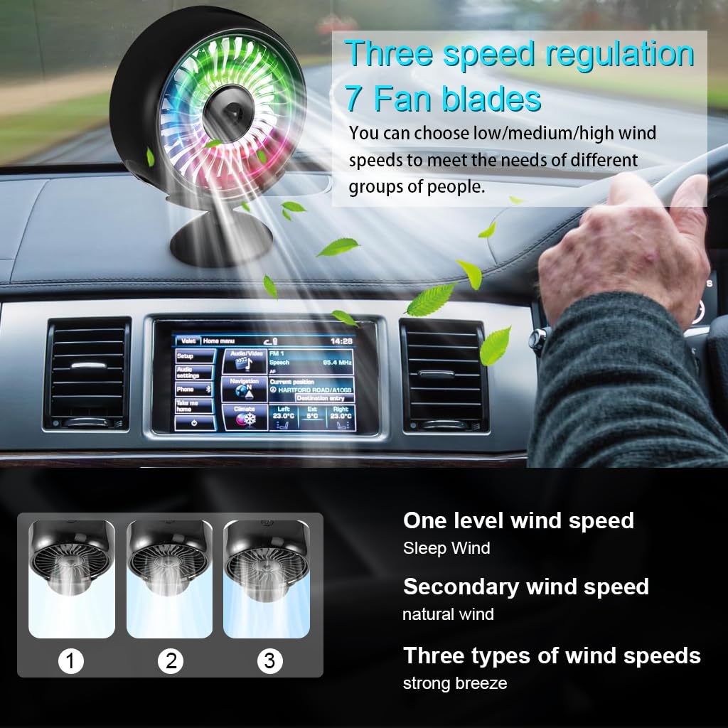 STHIRA USB Car Fan for Dashboard and Air Vent with 3 Speeds and 80cm Cable | LED Cooling