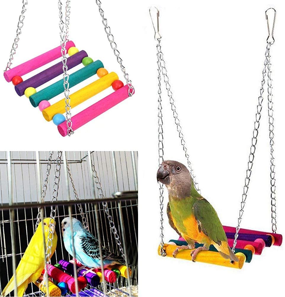 Qpets Birds Toys Set for Parrots and Parakeets with 12 Pieces Including Swings | Natural Wood Chew Toys