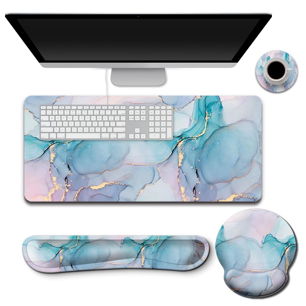 ZORBES Gaming Mouse Pad Wrist Support Set for Home Office with Non Slip Base | Blue Marble 35.4 x 15.7 in Desk Pad and Ergonomic Design