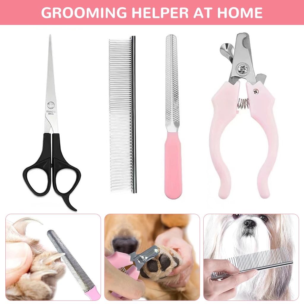 Qpets® Pet Grooming Kit, Dog Grooming Scissors Clippers for Cats Dogs, Pet Hair Trimmer Dog Hair Comb Spring Loaded Stainless Steel Pet Nail Clipper - 4 Pcs