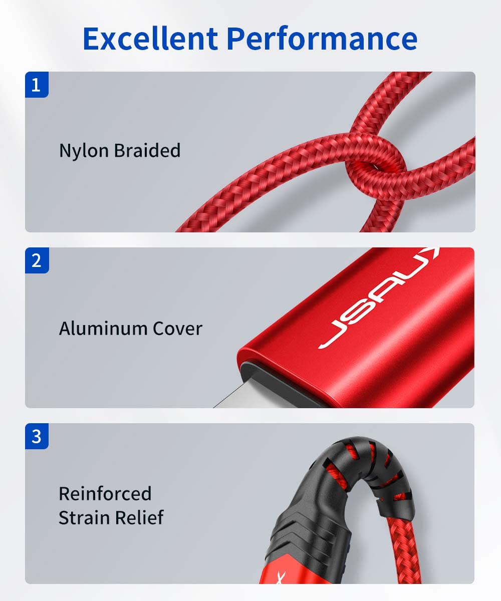 JSAUX Lightning to 3.5mm iPhone Aux Cable for Car & Headphones featuring Built in DAC | 6ft Nylon Braided Red