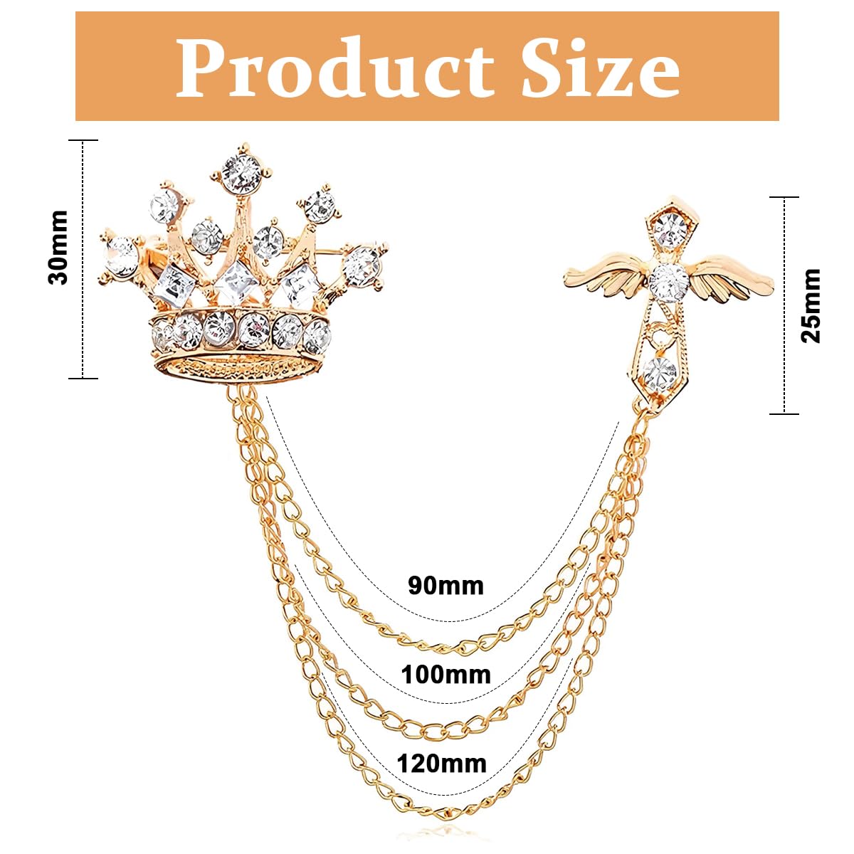 Venzina Brooch for Suit featuring Vintage Cross Crown Design with Tassel Chain | Golden Rhinestone Pin for Men and Women
