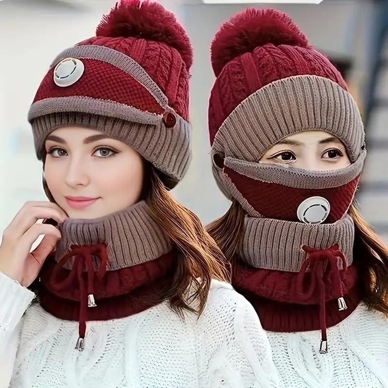 SANNIDHI® Women Winter Hat, 3 in 1 Knitted Warm Hat with Face Mask & Adjustable Neck Gaiter, Thermal Plush Lined Outdoor Fashion Patchwork Color Hat Winter Gift, Red