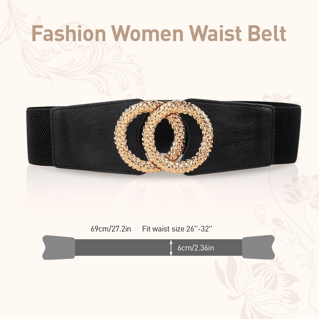 Zibuyu Belt for Women with Golden Crossing Metal Ring Buckle in Black PU Leather | Elastic Waist Accessory for Dresses and Blazers