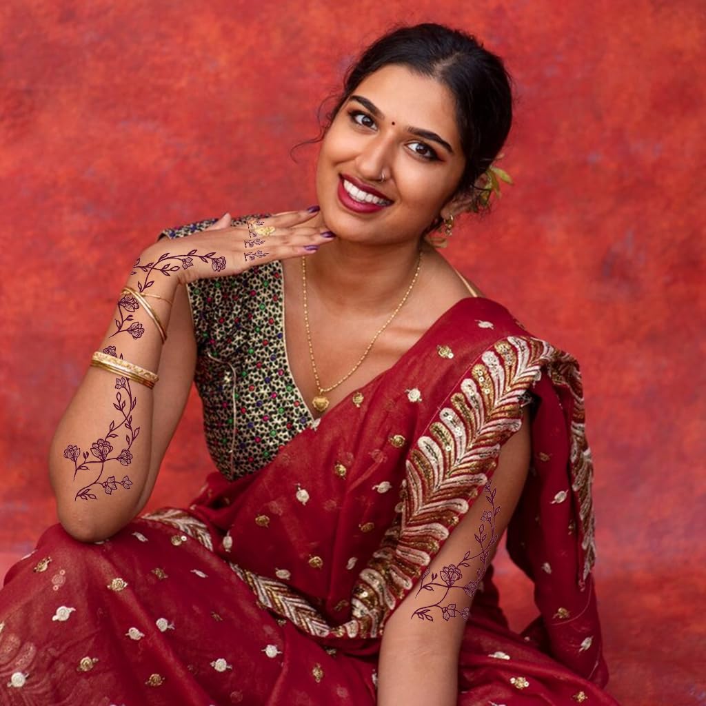 ZIBUYU Temporary Tattoo Stickers for Hands and Body with 6 Sheets Waterproof Design | Brown Lotus Mehndi for Women and Girls