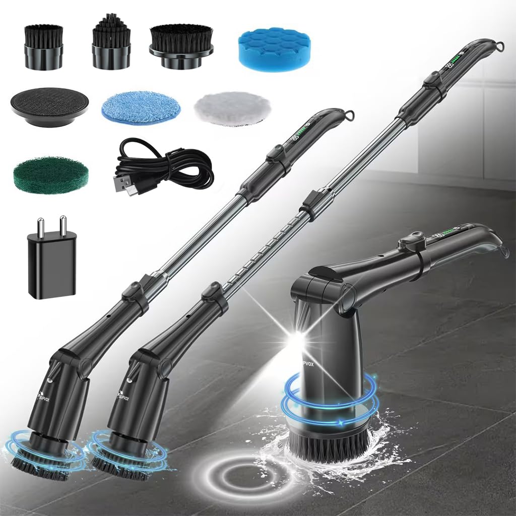 Supvox Electric Spin Scrubber for Bathroom and Floor Cleaning with 8 Heads and 3 Speeds | Adjustable Handle & IPX7 Waterproof Design