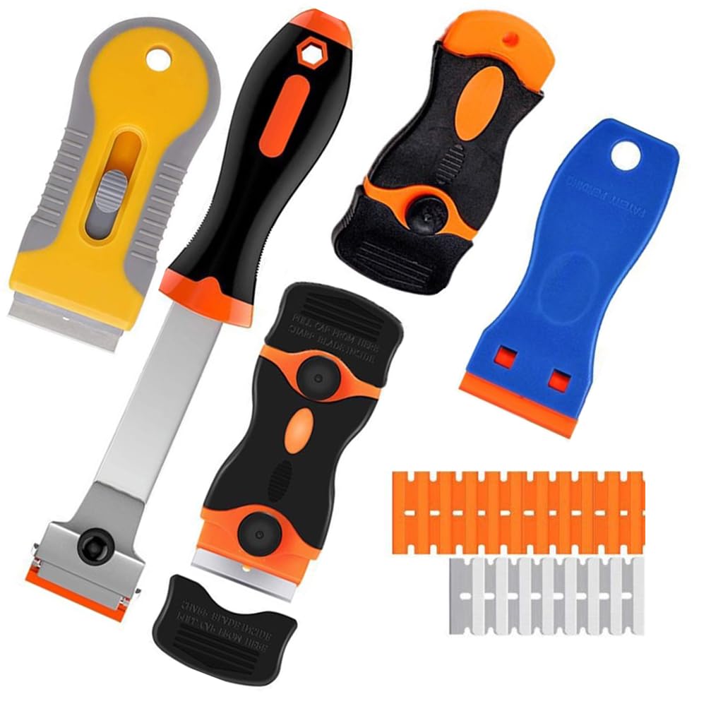 HASTHIP Razor Blade Scraper Set with 5 Scrapers and 20 Blades featuring Dual-Head Tool | Ergonomic Handle for Removing Glue and Labels