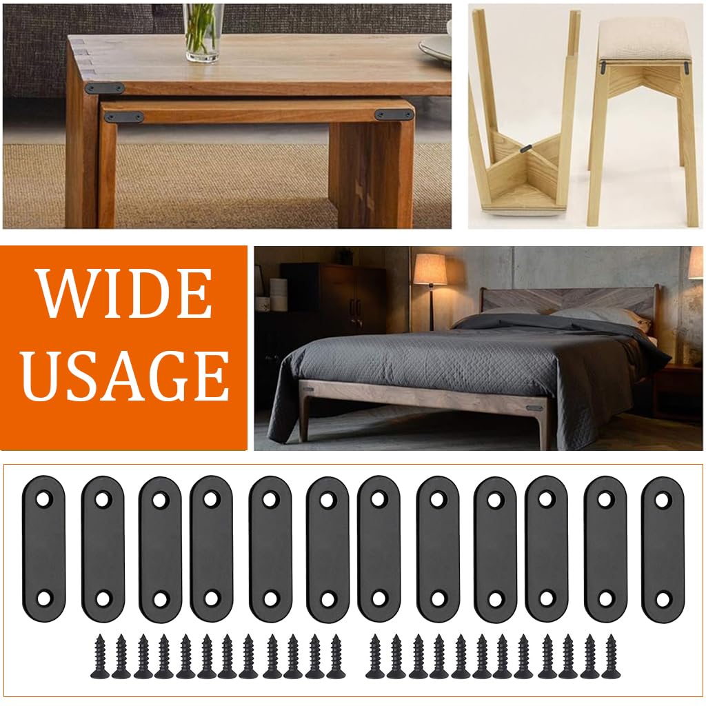 Serplex Flat Plate Straight Brackets Set for Wood and Furniture with Screws 12 Pcs 50mm Black Stainless Steel | Ideal for Shelves and Bed Frame Repairs