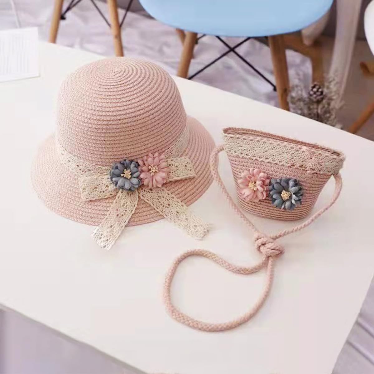 SNOWIE SOFT Pink Straw Hat and Mini Shoulder Bag Set for Girls 4–7 with Floral Lace Bowknot | Ideal Summer Beach Outfit Gift