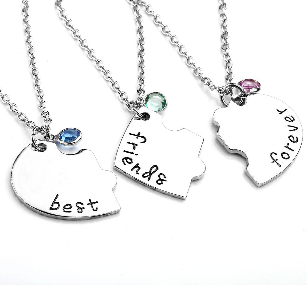 SANNIDHI Friendship Necklace Set for Girls with 3 pcs Heart Design and 20.5 in Chain | Silver Alloy Rhinestone Gift