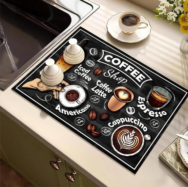 Supvox® Vintage Coffee Print Kitchen Drying Mat Super Absorbent Stain-Hiding Dish Pad with Non-Slip for Coffee Machines Countertops-Black