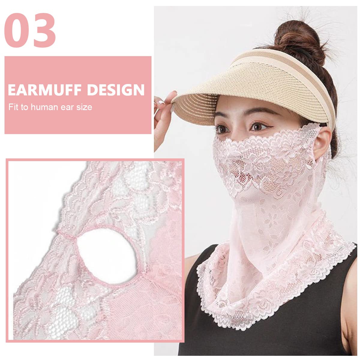 PALAY® Lace Face Cover for Women Sun Protection Face Mask, Stylish Breathable Embroidery Veil Face & Neck Covering for Girls - Pink, Hanging Ear Design