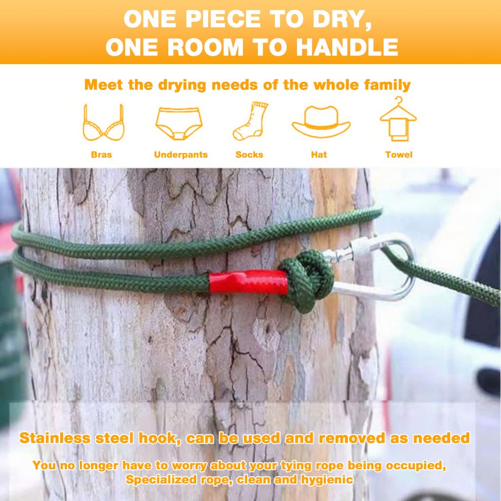 HASTHIP Clothes Drying Rope for Outdoor Laundry with Dual Carabiners and 10m Steel Core | Army Green