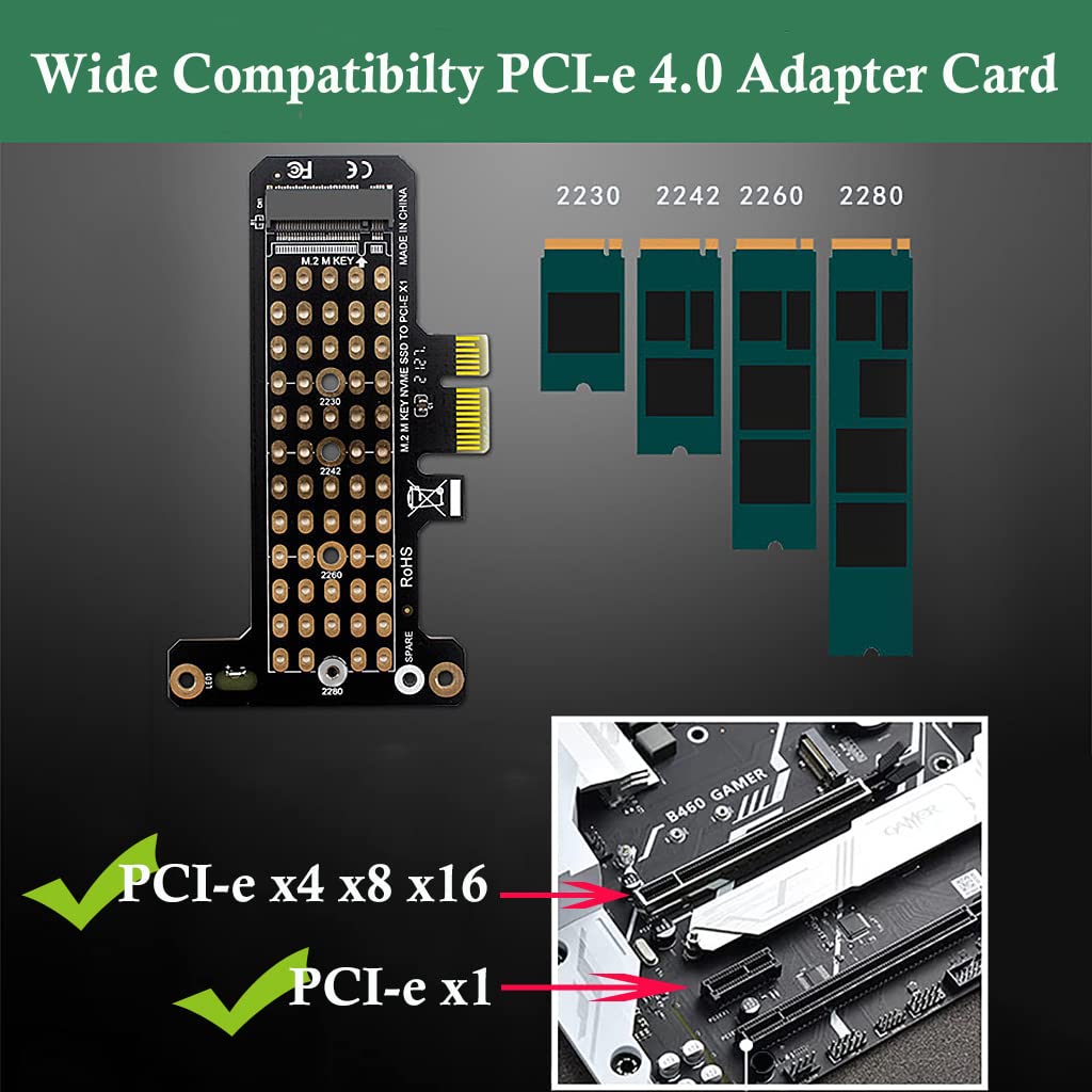 Verilux® NVMe Adapter, M.2 PCIE 4.0 x1 Adapter, M.2 NVME to PCIE 4.0 Adapter Card for M.2 (M Key) 2230, 2242, 2260, 2280 Size M.2 NVME SSD, Support PCIe x1 x4 x8 x16 Slot, Adapter Graphic Card