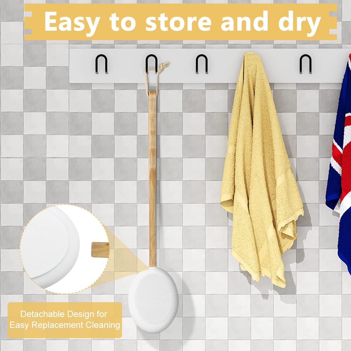 MAYCREATE Lotion Applicator for Back with 17 in Wooden Handle and 3 Replaceable EVA Heads | Bath and Shower Brush