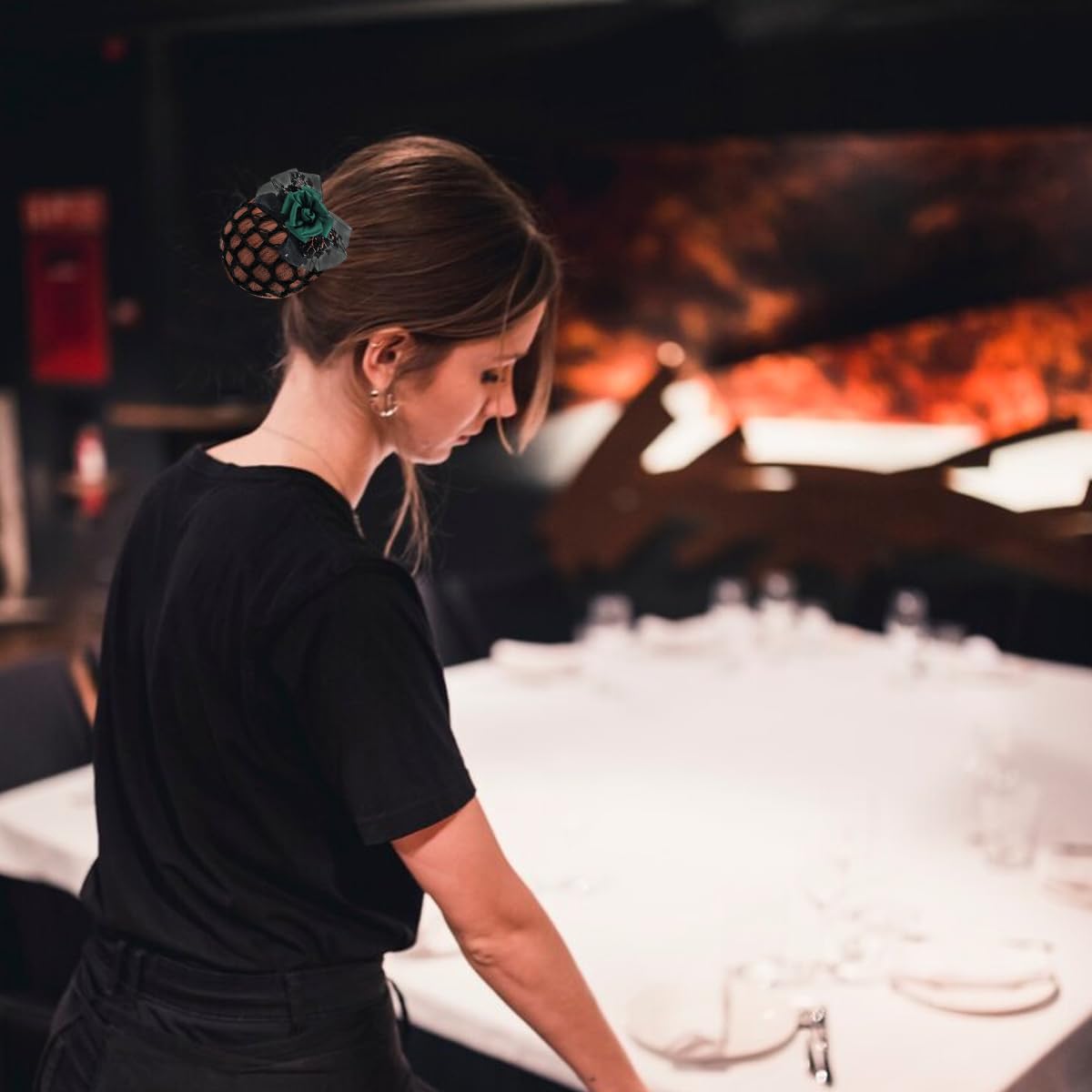 MAYCREATE Hair Bun Net for Women with Alloy Spring Clip and Green Floral Lace | Ideal for Work or Dance