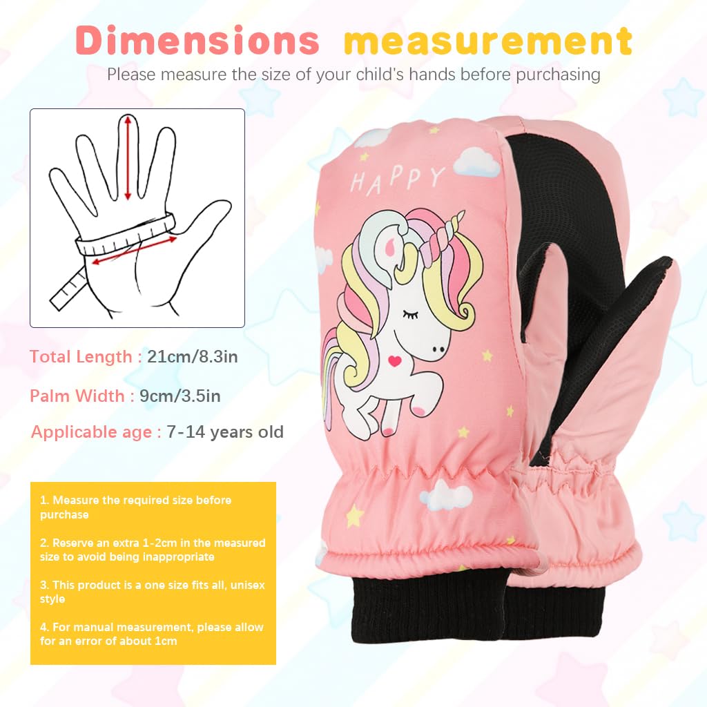 PATPAT Kids Winter Gloves for Girls 7–14 with Touch Screen Fingers and Windproof Fleece | Cartoon Unicorn Print Warm Ski and Bike Use