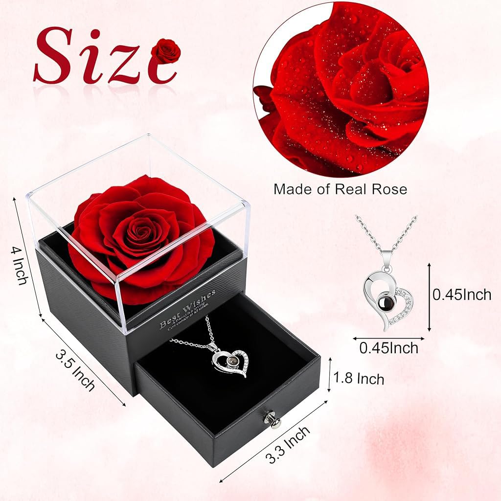 HASTHIP Heart Pendant Necklace Gift Set for Mother with 2 Preserved Roses | Silver Chain for Women and Girls