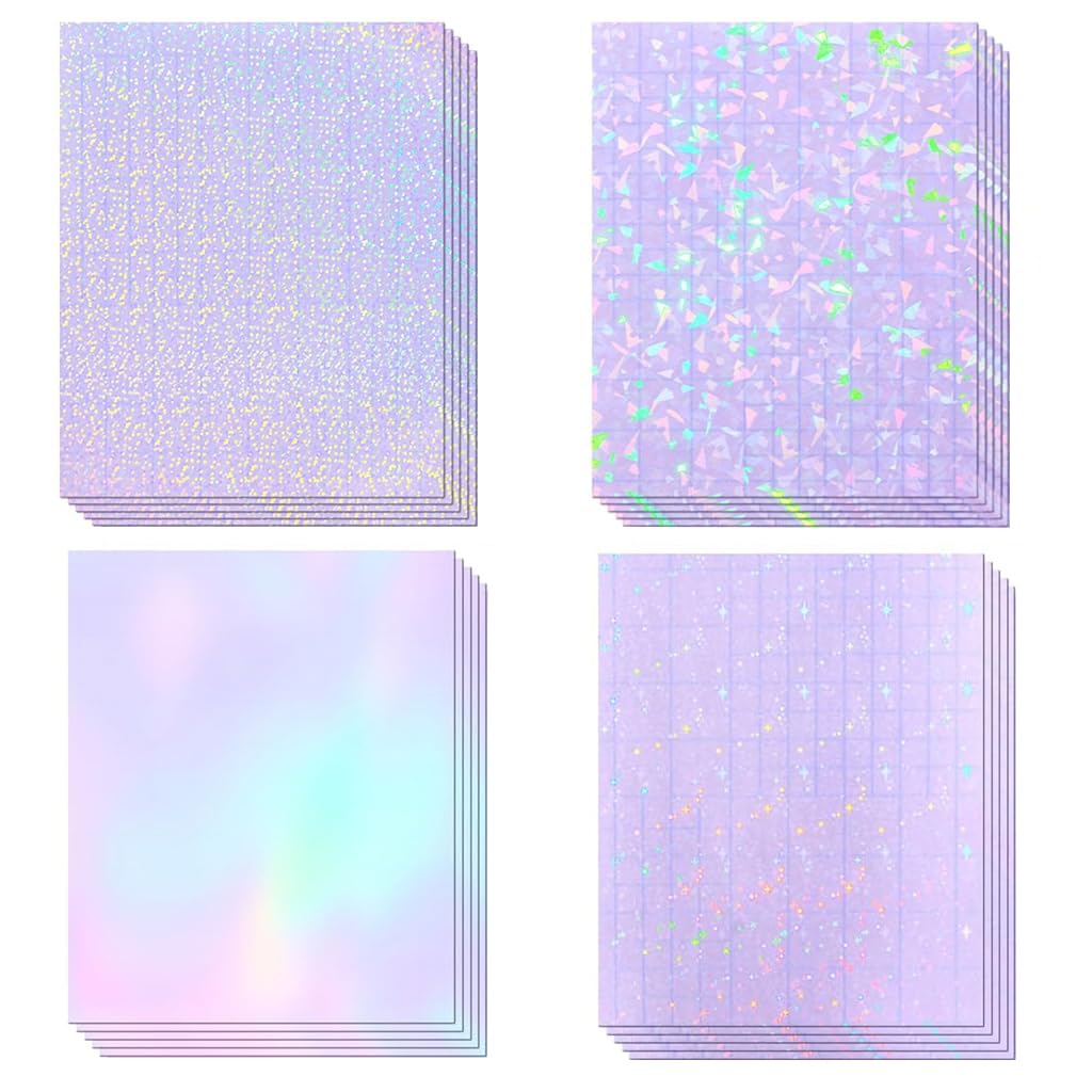 HASTHIP Vinyl Holographic Sticker for DIY Crafts with Self Adhesive Backing 20 Sheets 8.5x11 inch | 4 Styles Gem Dot Colorful Star Pattern