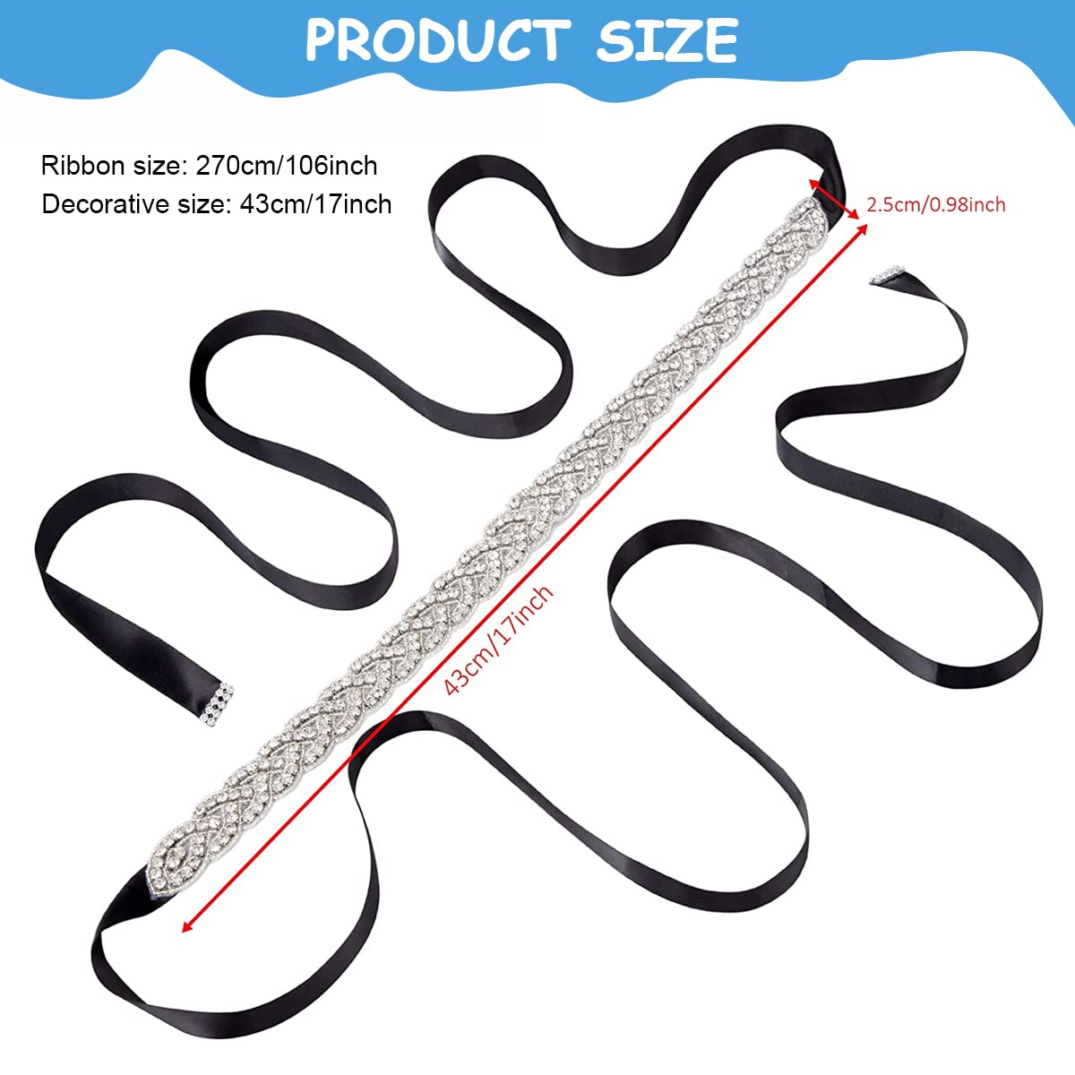 PALAY Women's Dress Belt for Wedding and Formal Gowns with 43×2.5cm Rhinestone Applique | Handmade Ribbon Sash for Bridal Party Dresses