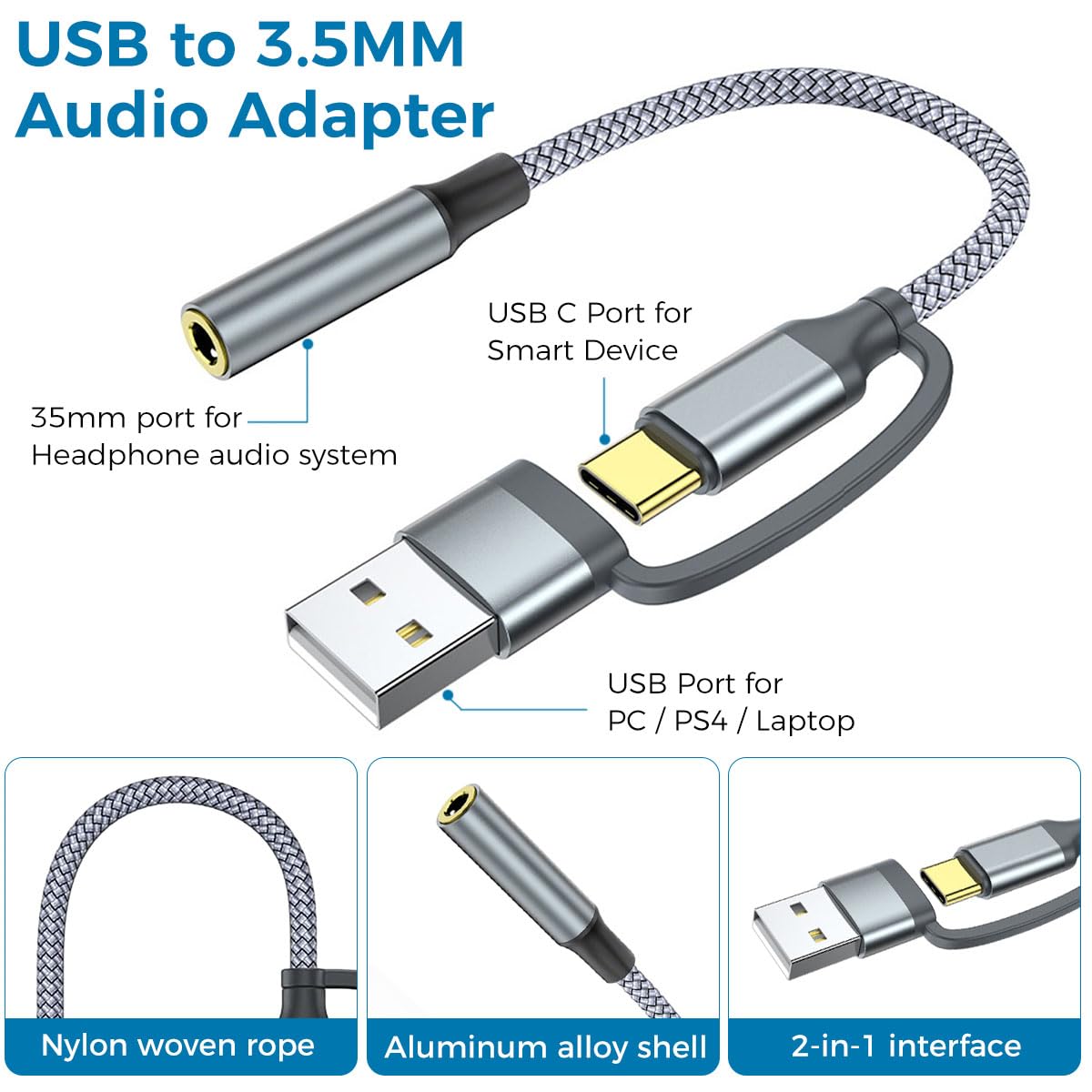 ZORBES USB to 3.5mm Audio Adapter for Type C Devices with 24bit 96kHz DAC Chip | Aluminum Alloy Design