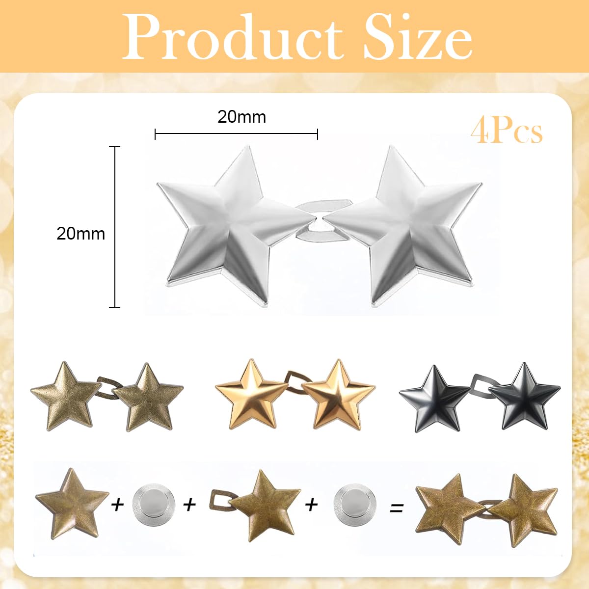 Venzina Waist Tighteners for Pants with Metal Star Buckle Set of 4 | No Sewing Required